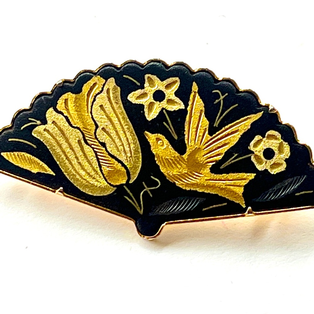Rare 1930s-1940s Vintage Toledo Spain Damascene Black Fan Brooch